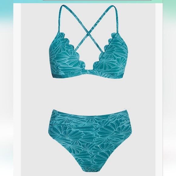 Cupshe. Teal Floral Textured Bikini Set. Size Medium. NWT. - Picture 3 of 9